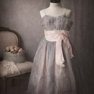 50s Gray Chiffon Party Dress Pink Satin Sash XS | Damaged Costume / Restoration